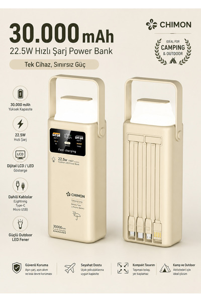 chimon 30.000 mAh Outdoor LED Işıklı Hızlı Şarj Powerbank – USB-C & Çoklu Cih...