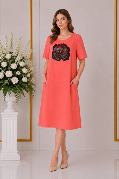 OEM Rochie trendy, tinereasca, culoare corai cu trandafir negru