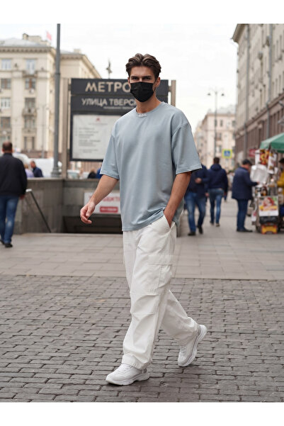 Mavi Örme Keten Görünümlü Oversize Düz Basic T-Shirt
