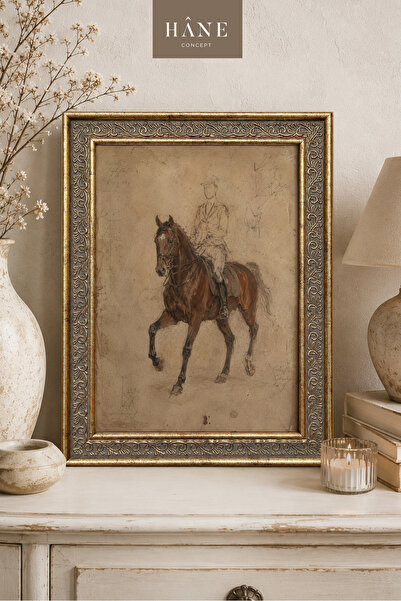Hane Concept Vintage Atlı Binici Tablosu, Eskitme Gold Çerçeveli Duvar Dekoru