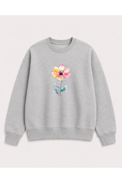 herkesemoda Floral Print Detailed Crew Neck Ribbed 2 Thread Sweatshirt
