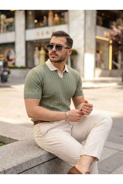 pazarella Men's Collar Detailed Patterned Textured Knitwear T-Shirt