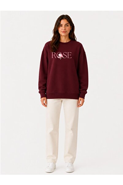 herkesemoda Rose Print Detailed Embroidered 2 Thread Crew Neck Sweatshirt
