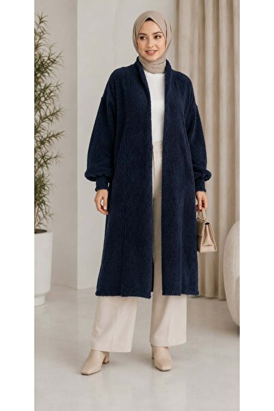 ZEYN STORE Kadın Şal Yaka Oversize Triko Ve Sakallı Tüylü Uzun Hırka