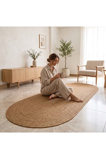 Larimar Oval Jüt Görünümlü Hasır Kilim – Bohem Dekoratif Halı – Salon, Yatak ...
