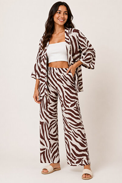 MOONBULL Kadın Zebra Desenli Kimono Takım