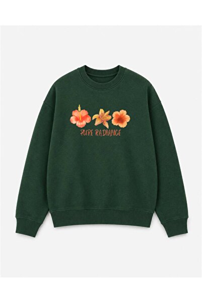 herkesemoda Orange Flowers Printed 2 Thread Threaded Crew Neck Sweatshirt