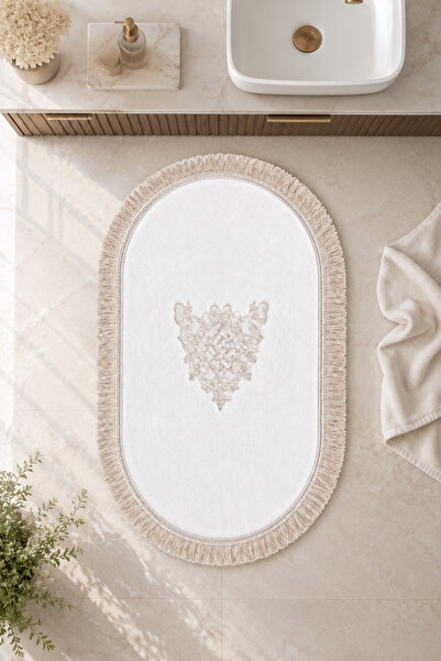 Bonny Home Gold Lace Non-Slip Leather Based Oval Bath Mat with Tassels and Fr...