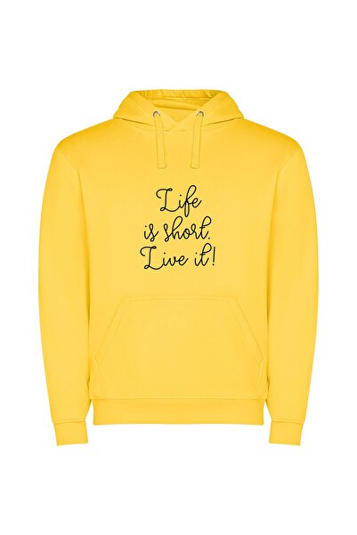 iLovePrints True Life: Live it! Φούτερ με κουκούλα σε χρώμα Κίτρινο