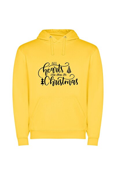 iLovePrints Hearts Home for Christmas Φούτερ με κουκούλα σε χρώμα Κίτρινο