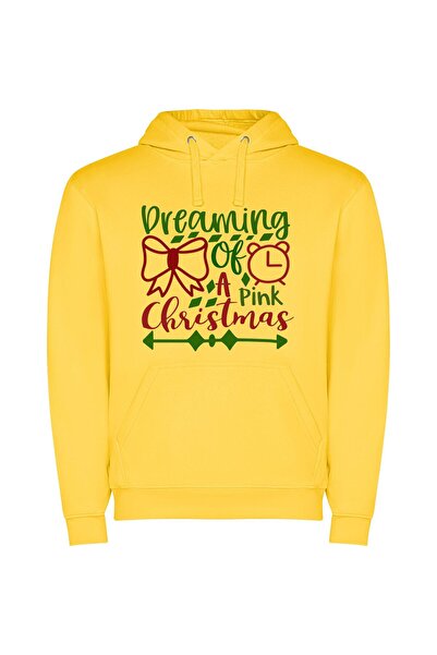 iLovePrints Pink Christmas Dreams Φούτερ με κουκούλα σε χρώμα Κίτρινο