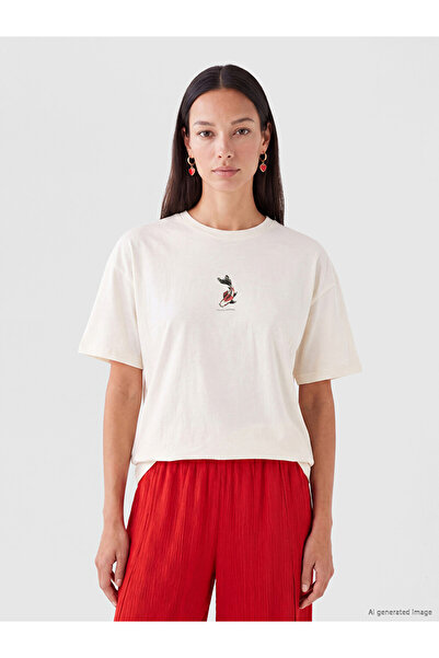 LC Waikiki Ecru Cotton Oversize Women's T-Shirt