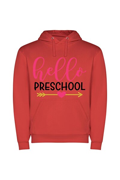 iLovePrints Hello Preschool, Old School Φούτερ με κουκούλα σε χρώμα Κόκκινο