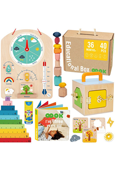 Tooky Toy Cutie educativă Montessori Puzzle Abac Tablă Meteo 6-în-1 de la 3 ani