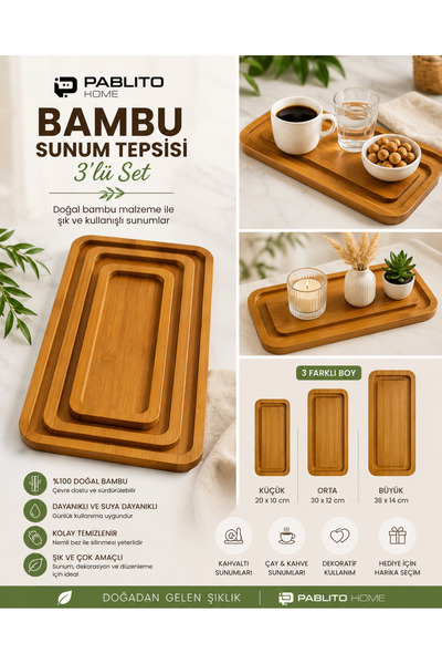 Bambu 3’lü Sunum Tepsisi Seti Dikdörtgen – Kahvaltılık, Çay Kahve ve Servis T...