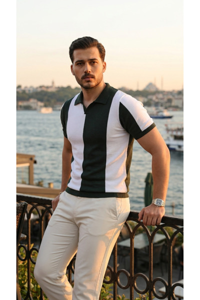 UFC 1985 TOP BRAND Men's Short Sleeve Polo Collar Block Print Knitwear Blouse