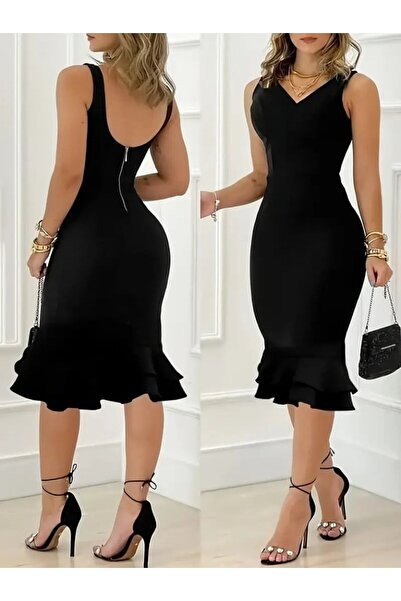 MODA ŞEHRİ Women's Strappy V-Neck Back Zipper Diving Dress
