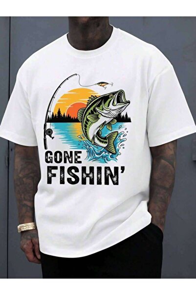 135 تي شيرت رجالي للصيد بتصميم 'Gone Fishin'، مصنوع من القماش الأبيض، يتميز ب...