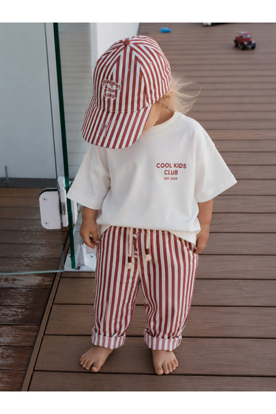 Dadamama UNISEX BEBEK&ÇOCUK PAMUKLU HAM KOT ÇİZGİ BASKILI PANTOLON + BEZ ÇANTA