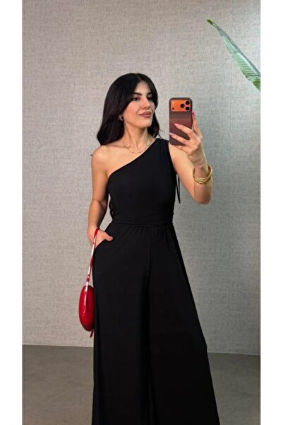 Feylace جمبسوت نسائي طويل واسع الأرجل بتفاصيل كشكشة على الكتف الواحد