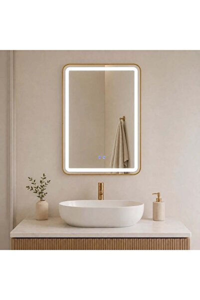shark design Oglindă dreptunghiulară LED 60×80 cm cu ramă aurie periată, Mode...