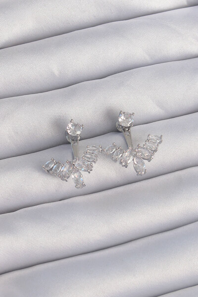 DMR Elegance Brass Silver Color Zircon Stone V Model Earrings