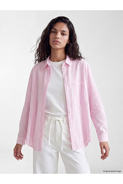 LC Waikiki Pink Striped Linen Blend Oversize Women's Shirt
