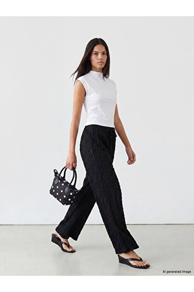 LC Waikiki Lcw Modest Women's Black Elastic Waist Textured Pants