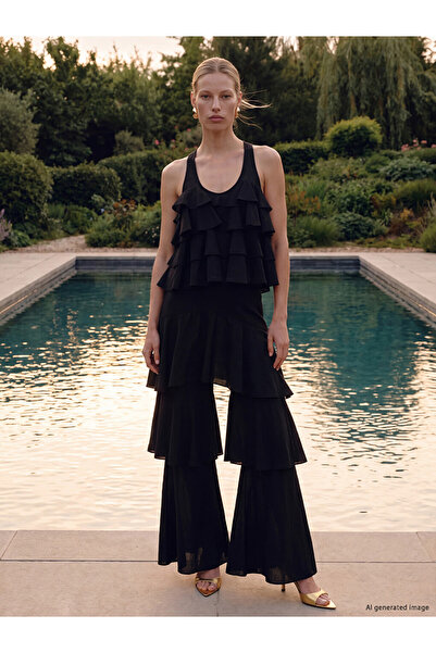 LC Waikiki Black Ruffled Wide-Leg Women's Trousers