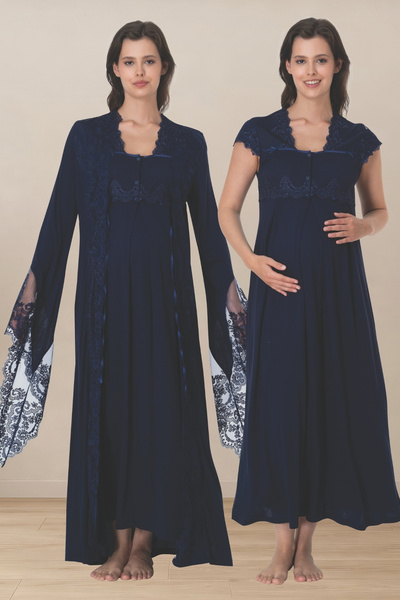 Generic Brand Lace Detailed Maternity Dressing Gown Set - Cotton Nightgown Se...