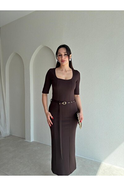 Mooi Butik Dori̇ka Belted Midi Dress 8905 - Bitter Brown