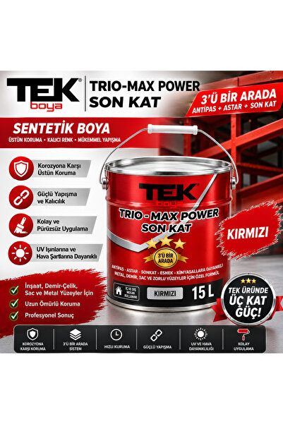 TEK BOYA Trio-Max Power 3'ü Bir Arada Sentetik Çatı Sacı Boyası KIRMIZI (Anti...