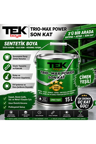 TEK BOYA Trio-Max Power 3'ü Bir Arada Sentetik Çatı Sacı Boyası ÇİMEN YEŞİLİ ...