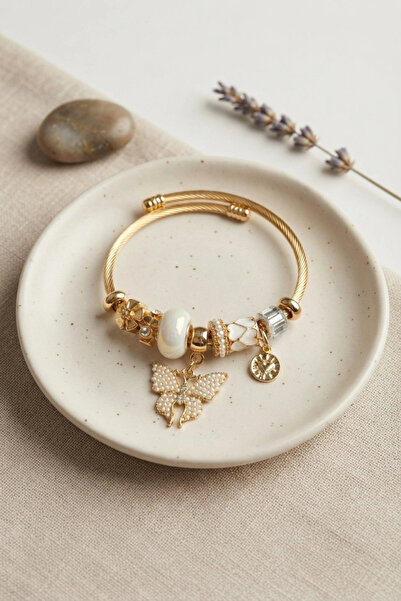 ARMÜZ White Butterfly Model Gold Color Charm Bracelet
