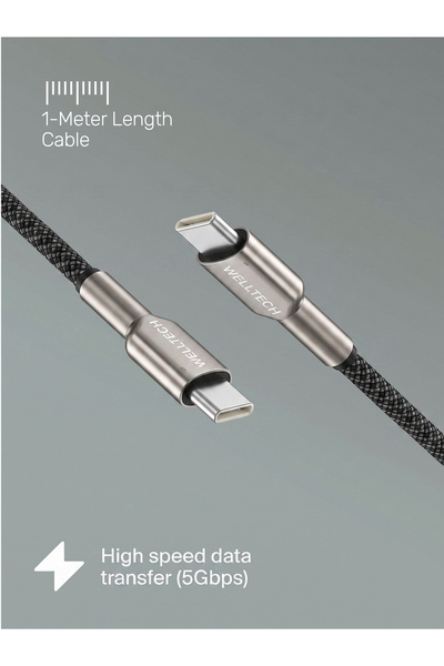 WELLTECHINTERNATIONAL WELLTECH USB-C to USB-C Fast Charging Cable, Zinc Alloy Connectors, Braided Nylon Cable, Pure Copper