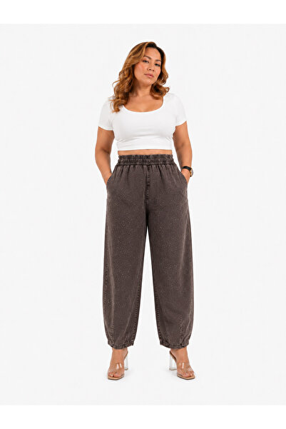 carmito Plus Size Denim Waist-Locked Stone Printed Balloon Cut Women's Trousers