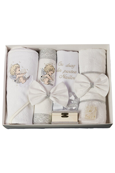 Happy Bears Trusou botez pentru fete, 8 piese, “Ingeras", bumbac, brodat, luc...