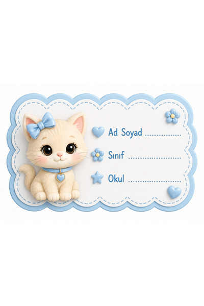 Papelia Kedi Temalı Mavi Okul Etiketi 10 Adet 6 cm - Ad Soyad - Sınıf - Okul