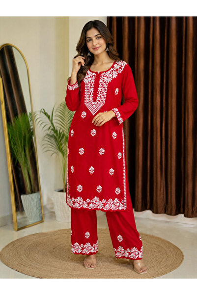 MYSMAR Red Lucknowi Chikankari Cotton Kurta Palazzo Set - CHK1001 | Red-Size:...
