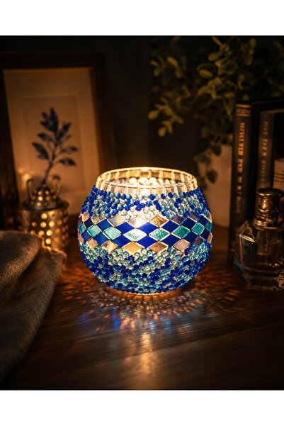 ARUZEN El Yapımı Mavi Turkuaz Mozaik Cam Mumluk Dekoratif Tealight Mumluk Ev ...