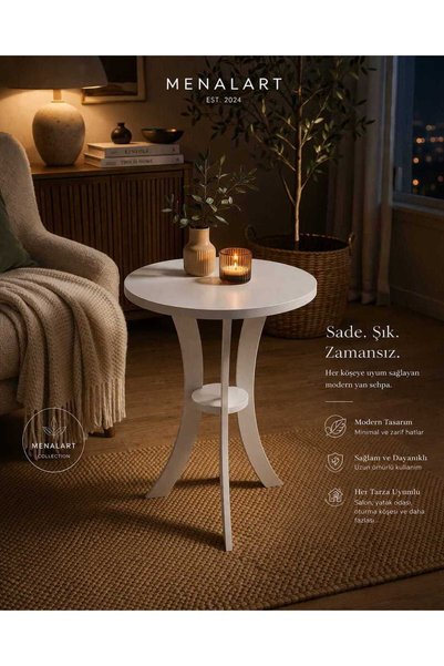 menalART Ağaç Tasarım Fiskos Beyaz Yan Sehpa 50 cm Çap - MDF ayak 60 cm Yükseklik Modern Zigon Yan Sehpa Beyaz
