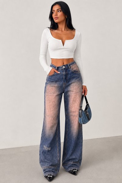 SHEVEGA Milano Yüksek Bel Tint Yıkama Nakış Detaylı Baggy Jeans Salaş Kot Pantolon