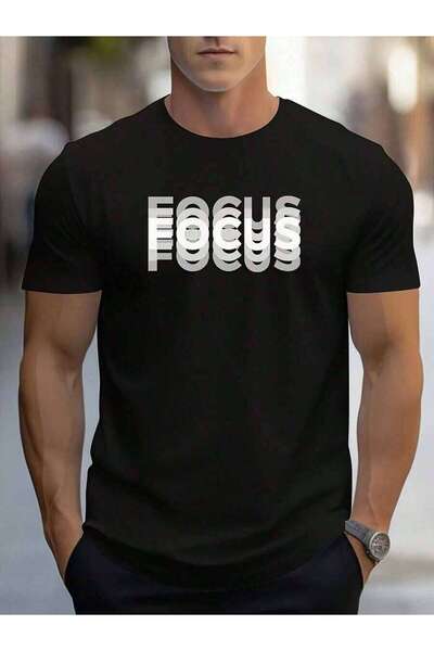 9JY تي شيرت رجالي من القطن 100% بتصميم FOCUS - ياقة مستديرة، مقاس عادي، قماش ...