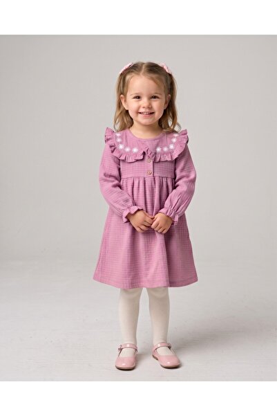 VOY KİDS Girl's Collared Embroidered Seasonal Long Sleeve Dress for Ages 2-3-...