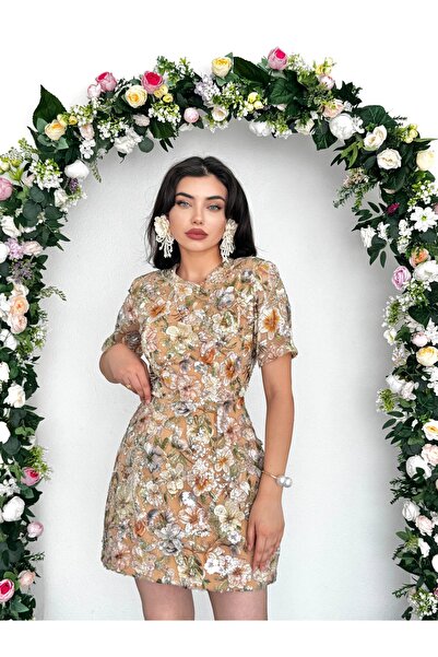 YURELİ Premium 3D Çiçek İşlemeli Taş Nakışlı Haute Couture Tasarım Mini Elbise