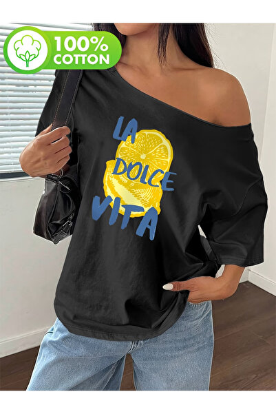 PALPİTO تي شيرت نسائي من La Dolcevita مطبوع بياقة قارب كبيرة الحجم