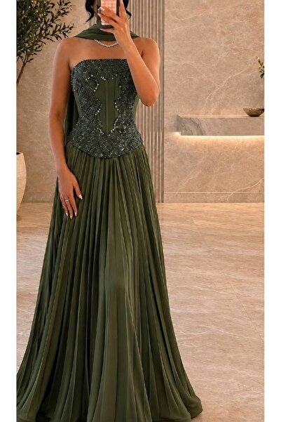 Calissa Store Olive Green Embroidered Corset Evening Dress