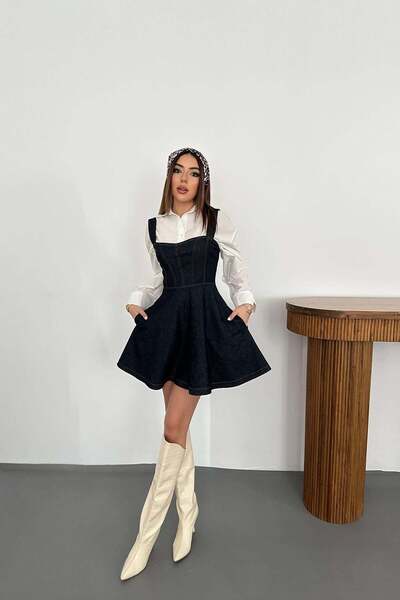 Clothes Fast Women's Blue Strap Denim Mini Dress Square Neck Pocket Stitching...
