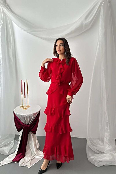 Clothes Fast طقم نسائي من قطعتين باللون الأحمر - بلوزة شيفون مكشكشة بأكمام طو...