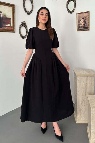 Moda Days Women's Black Gathered Linen Blend Balloon Sleeve Tie Back Maxi Dress